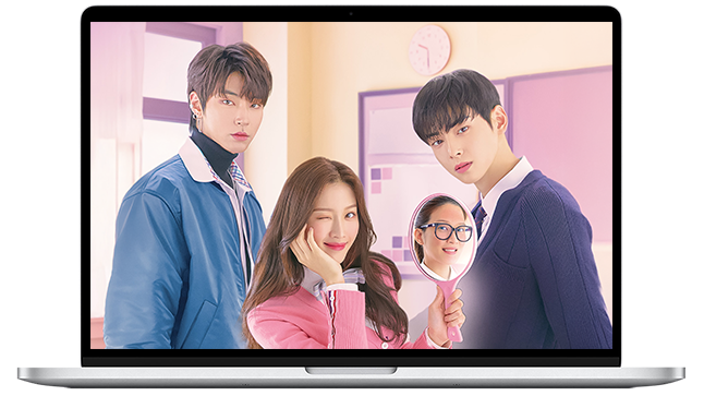 Hwang In-youp as Han Seo-jun, Moon Ga-young as Lim Joo-kyung, Cha Eun-woo as Lee Su-ho True Beauty Kdrama Viu Romantic Comedy Wallaper V1-Desktop mockup