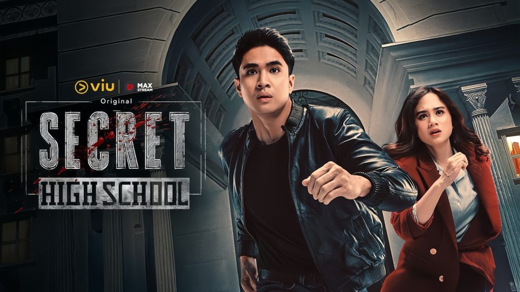 Tissa Biani as Aura, Yesaya Abraham as Sakha, Ryan Winter as Azka, and Florian Rutters as Jayden Indonesian series Secret High School Viu thriller series