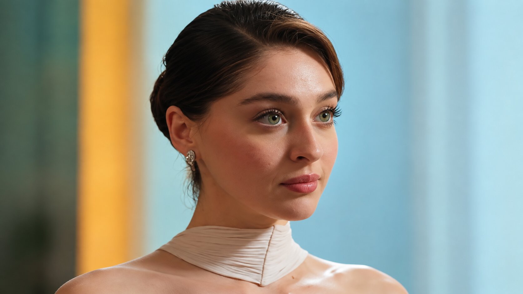 Close-up shot of Cemre Baysel with styled hair and green eyes, wearing a white scarf in an elegant ballroom setting for Sins and Roses Season 2 (Güller ve Günahlar).