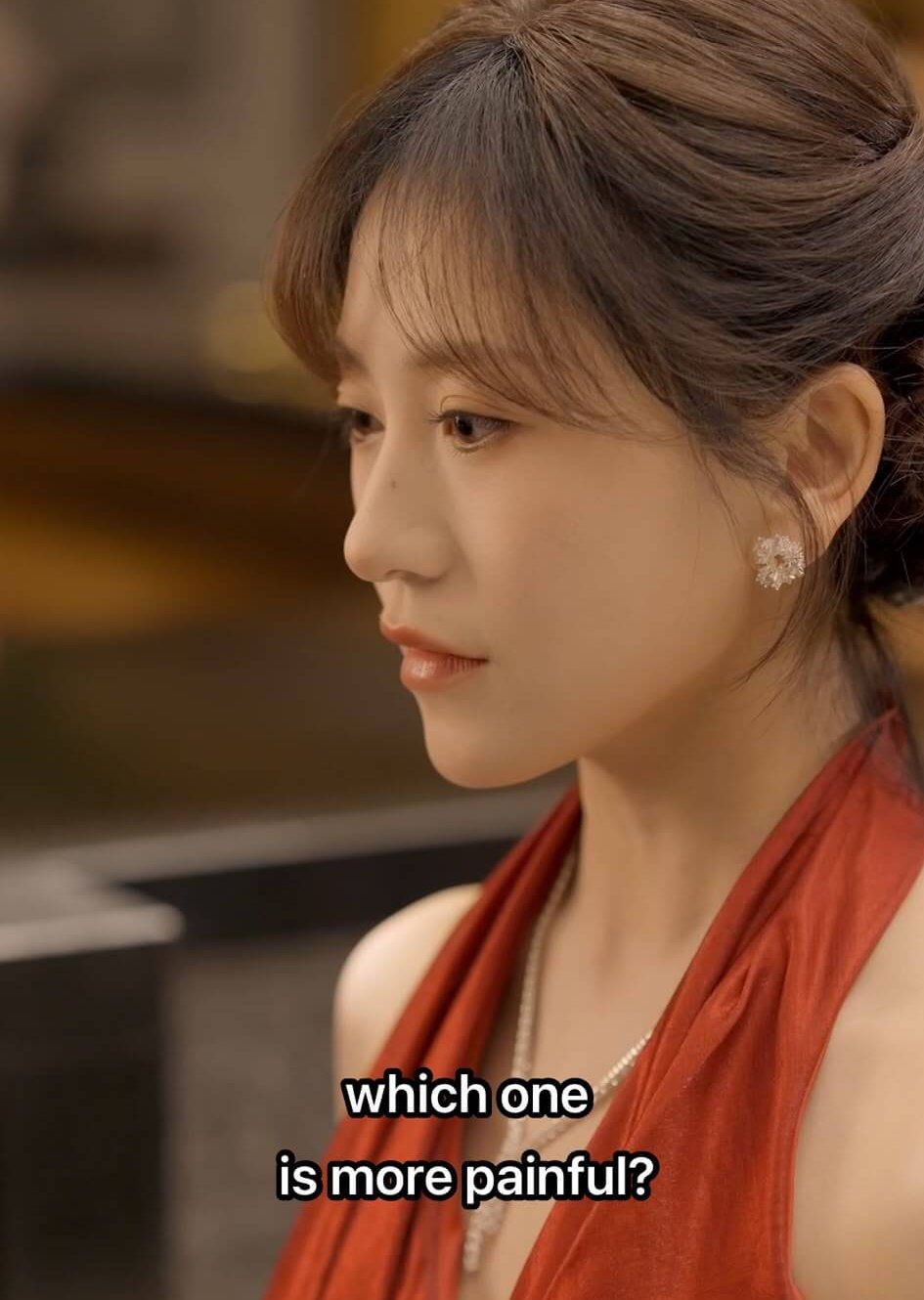 Jin Zixuan as Min Hui wearing a red dress at a ball in Episode 2 of All My Love For You Chinese micro-drama on Viu