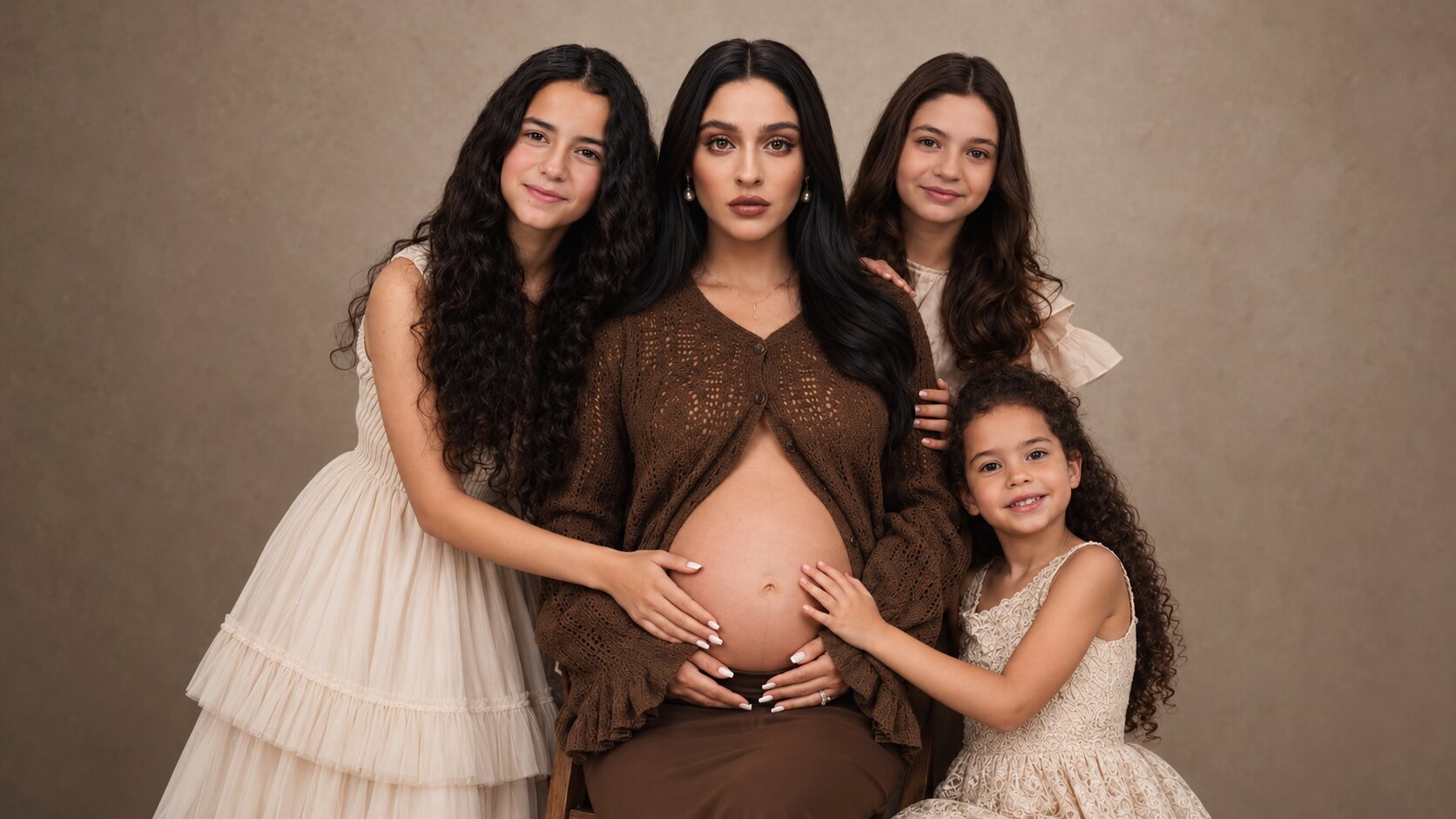 Pregnant Cemre Baysel as Zeynep Candan with Yade Arayıcı as Kader, Beren Gençalp as Hayal Tecer, and young cast members in Sins and Roses Season 2 (Güller ve Günahlar).