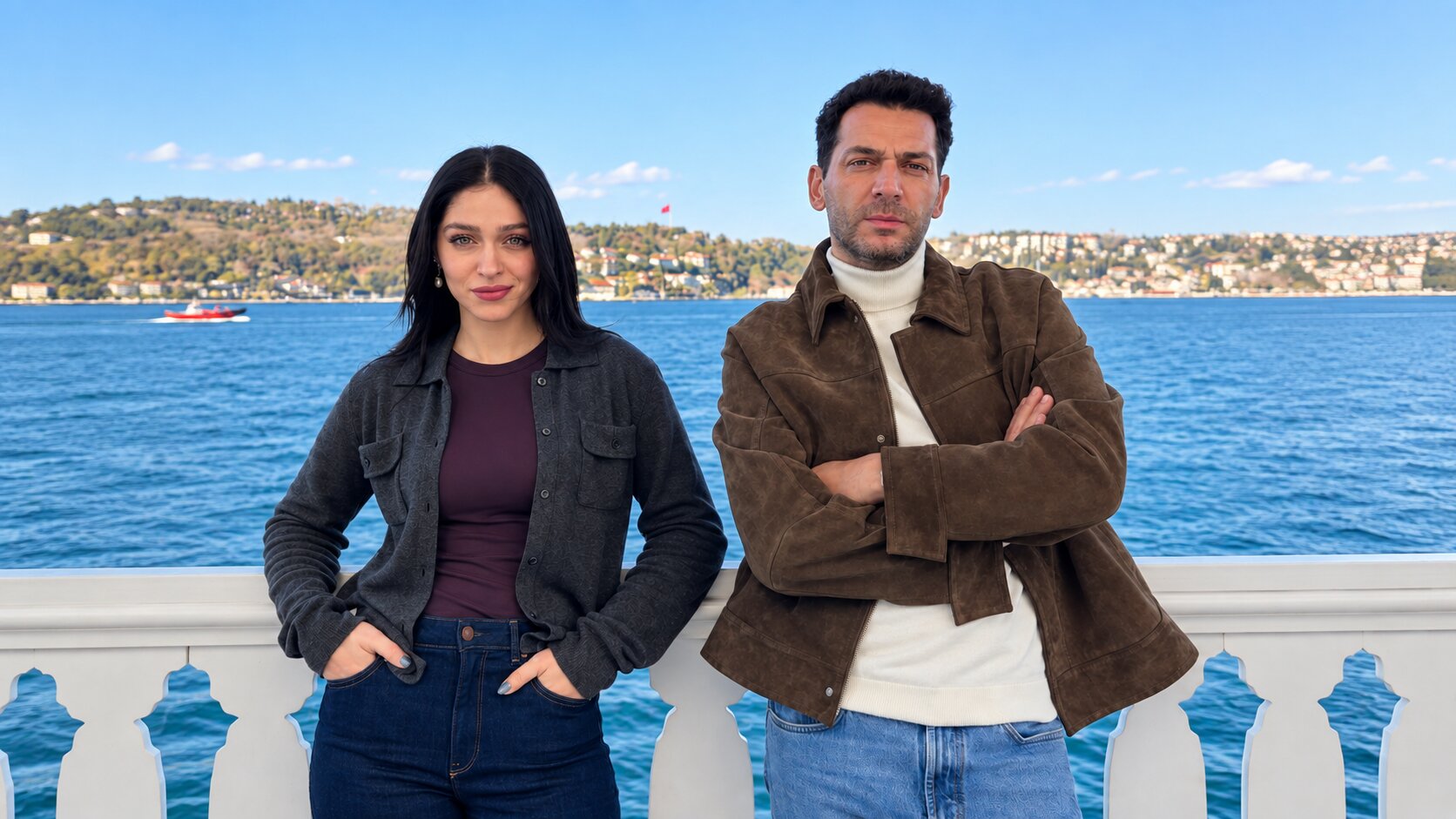 Cemre Baysel as Zeynep Candan with hands in her pockets and Murat Yıldırım as Serhat Tecer with arms crossed posing by the sea in Sins and Roses Season 2 (Güller ve Günahlar / Woroud Wa Thonoub).