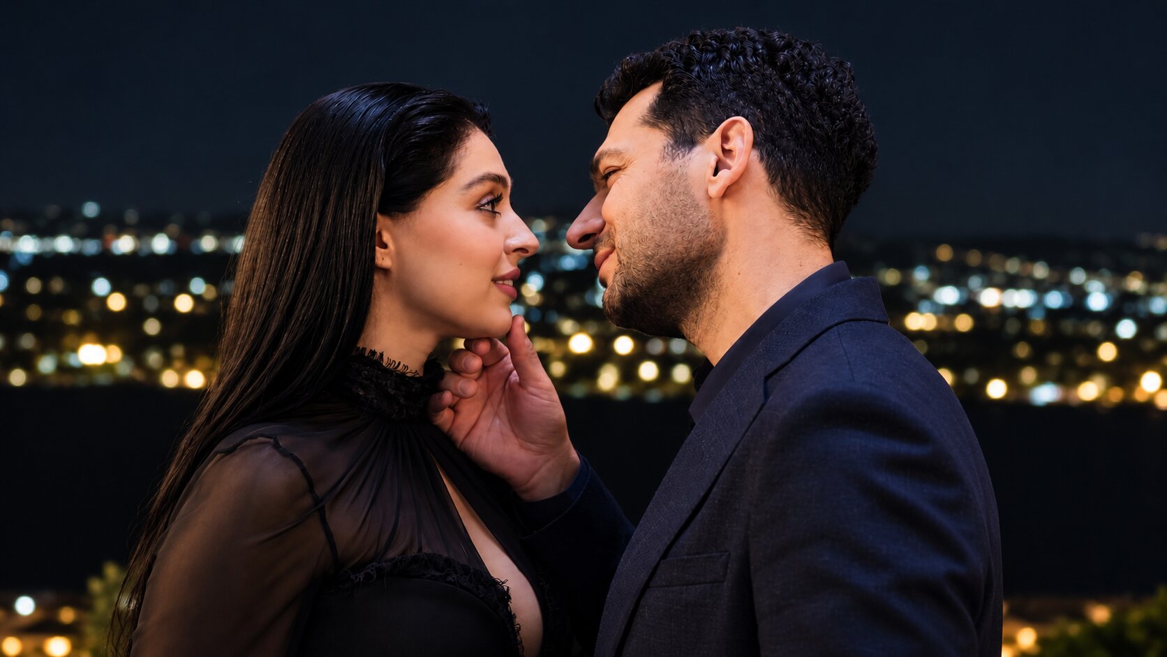 Murat Yıldırım as Serhat Tecer and Cemre Baysel as Zeynep Candan looking romantically at each other in Sins and Roses Season 2 (Güller ve Günahlar).