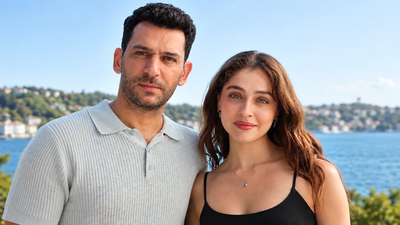 Murat Yıldırım as Serhat Tecer and Cemre Baysel as Zeynep Candan standing together and smiling at the camera in Sins and Roses Season 2 (Güller ve Günahlar).