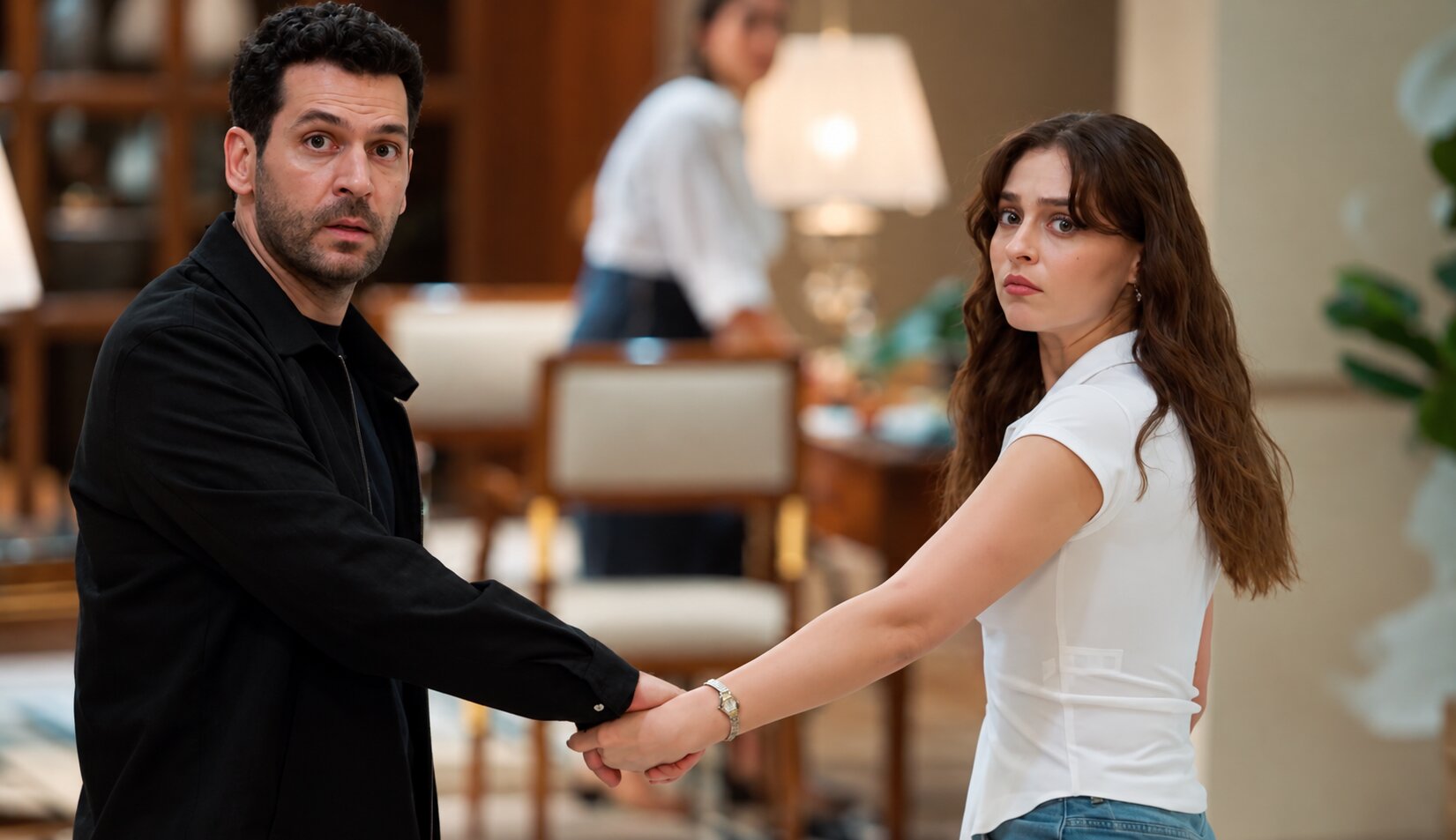 Murat Yıldırım as Serhat Tecer and Cemre Baysel as Zeynep Candan holding hands and looking back over their shoulders in Sins and Roses Season 2 (Güller ve Günahlar).