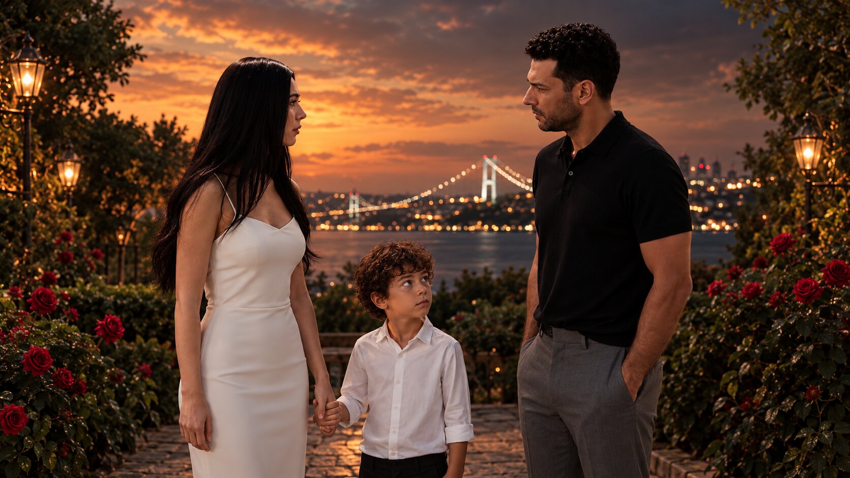Cemre Baysel as Zeynep Candan holding a young boy's hand alongside Murat Yıldırım as Serhat Tecer against a illuminated bridge and sea sunset backdrop in Sins and Roses Season 2 (Güller ve Günahlar / Woroud Wa Thonoub).