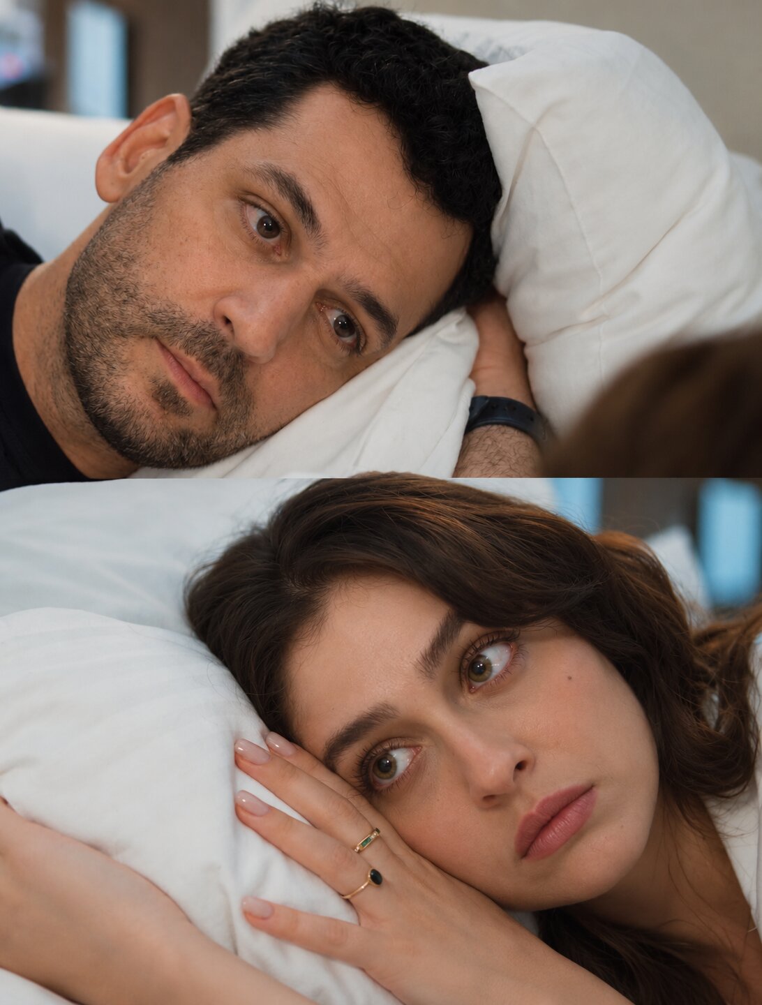 Image collage of Murat Yıldırım as Serhat Tecer and Cemre Baysel as Zeynep Candan looking at each other in bed from an over-the-shoulder angle in Sins and Roses Season 2 (Güller ve Günahlar / Woroud Wa Thonoub).