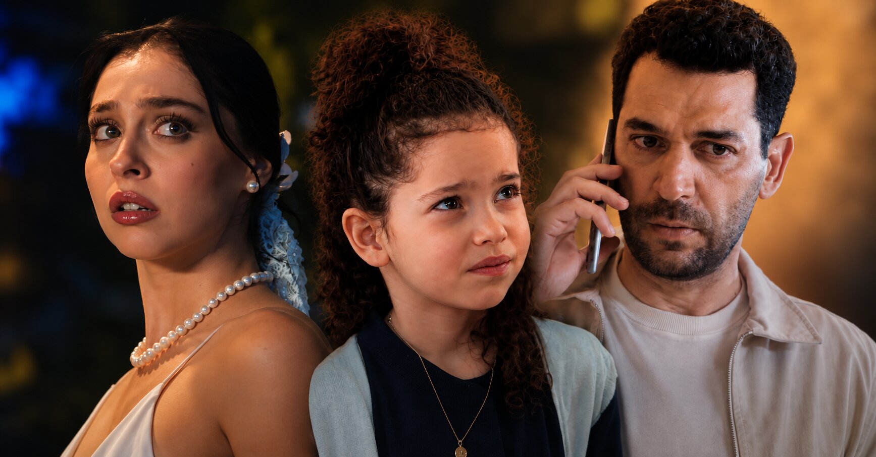 Yade Arayıcı as Kader looking sad while Murat Yıldırım as Serhat Tecer makes an urgent phone call and Cemre Baysel as Zeynep Candan looks anxious in Sins and Roses Season 2 (Güller ve Günahlar / Woroud Wa Thonoub).