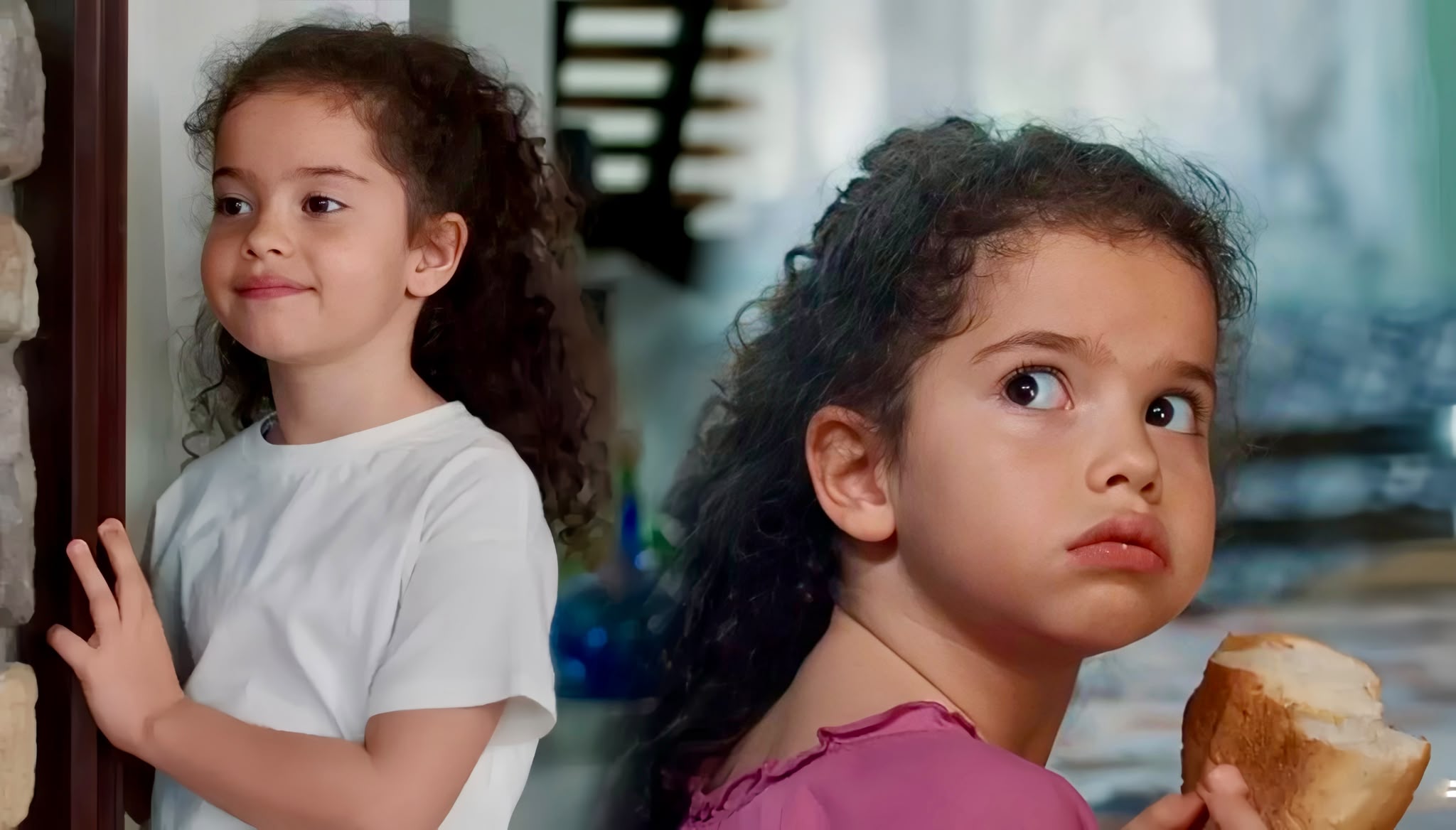Image collage of Yade Arayıcı as Kader in Sins and Roses Season 2 (Güller ve Günahlar / Woroud Wa Thonoub) showing her smiling on the left and looking back while eating on the right.